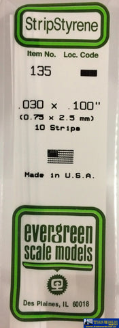 Eve-135 Evergreen Polystyrene (Strip) Opaque White 0.75Mm X 2.50Mm 350Mm (10-Pack) Scratchbuild