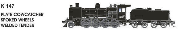 SDS-KVR302 SDS Models K-Class 2-8-0, #K147 'Plate Cow Catcher, Spoked Wheels & Welded Tender' *VR Black* HO-Scale DCC-Ready