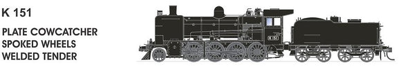 SDS-KVR303 SDS Models K-Class 2-8-0, #K151 'Plate Cow Catcher, Spoked Wheels & Welded Tender' *VR Black* HO-Scale DCC-Ready