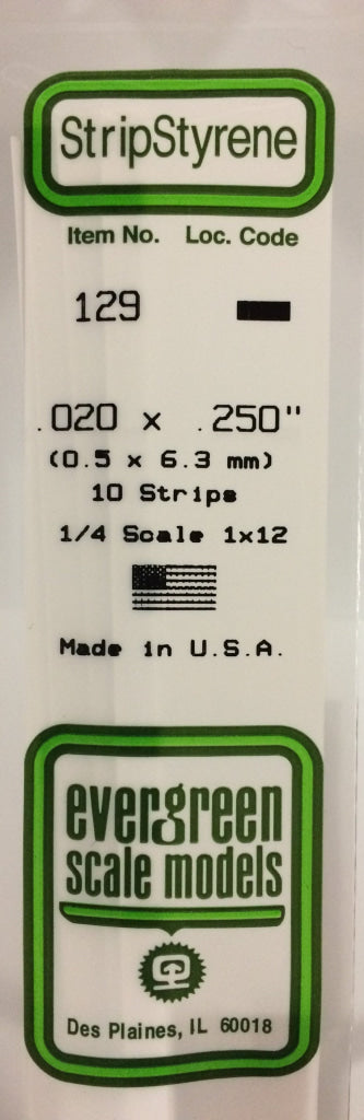 Eve-129 Evergreen Polystyrene (Strip) Opaque White 0.50Mm X 6.30Mm 350Mm (1/4-Scale 1 12) 10-Pack