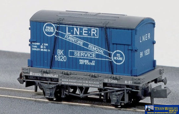 Pnr-23 Peco Lner Conflat #B73570 With Bk Blue Container Bk-1820 Furniture Removal (Era-3) N-Scale