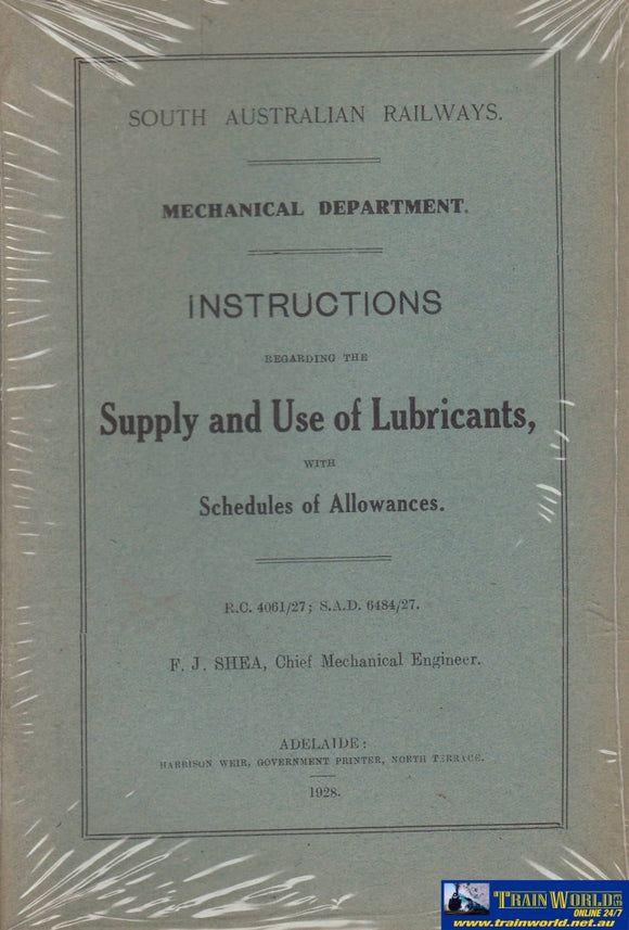 South Australian Railways: Instructions Regarding The Use Of Lubricants -Used- (Ub-016461) Reference