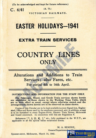 Vr Easter Holidays 1941 - Extra Train Services Country Lines Only -Used- (Ubva-0433S) Reference