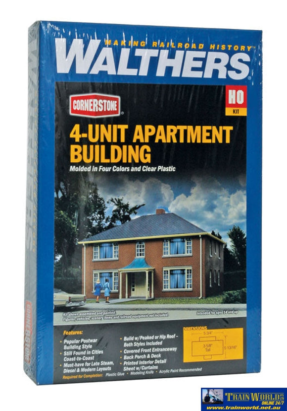 Wal-3781 Walthers Cornerstone Kit Four-Unit Brick Apartment Building Ho Scale Structures